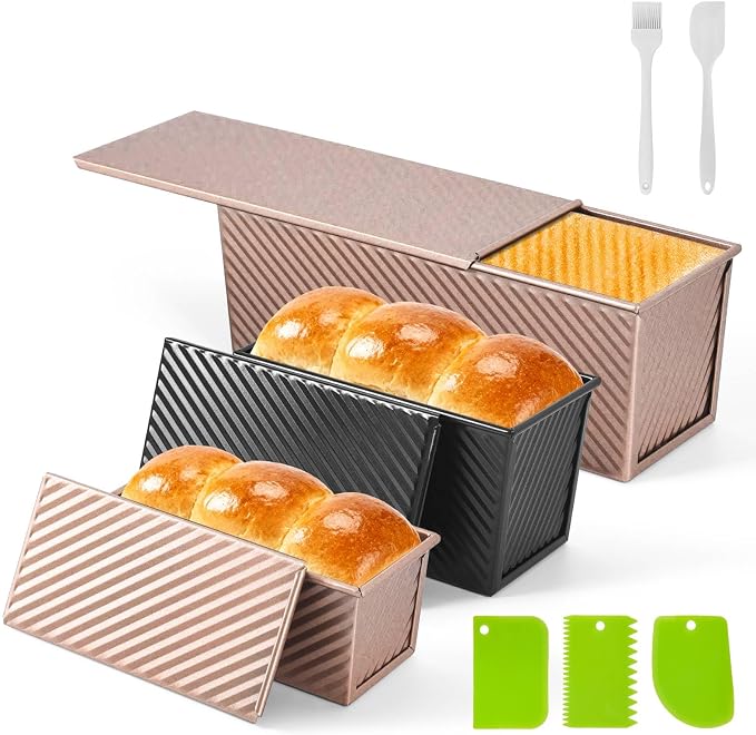 3 PCS Pullman Loaf Pan with Lid, 2.2 lb & 1 lb & 0.8 lb Dough Capacity, Nonstick Carbon Steel Sandwich Bread Pans with Covers for Homemade Sourdough Baking