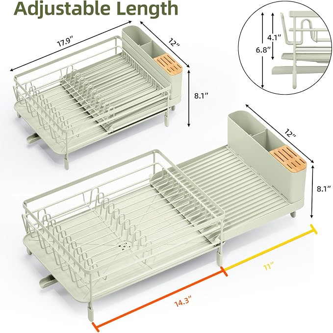 Urackify Extendable Dish Rack, 18.5"-26.7" L x 12.7" W, Soft Celery Green | Multifunctional large dish rack with cup holder and built-in cutlery holder for versatile drying needs