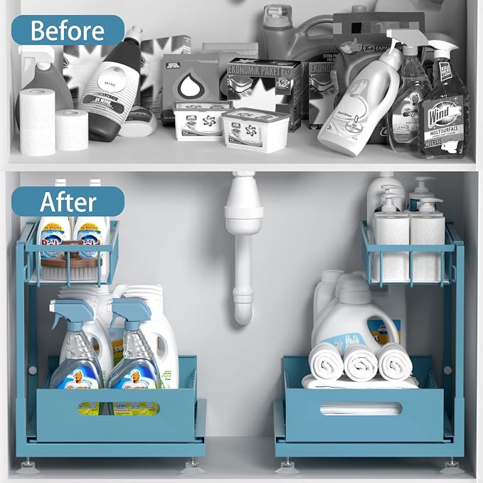 2-Pack L-Shaped Under Sink Organizer, 2-Tier Pull-out Cabinet Rack | Teal Height-Adjustable Steel Rack, Sliding Grid Drawers with PP Liners, Holds 100 Lbs, Suction Base, Ideal Kitchen Storage