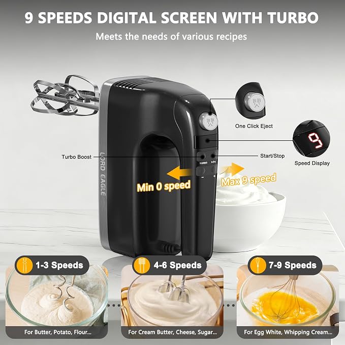 Lord Eagle 9-Speed Digital Hand Mixer Electric Handheld, 500W DC Motor | Kitchen Mixer for Cake Baking, Lightweight Egg Beaters with Stain-resistant & Waterproof Storage Bag & 6 Accessories, Black