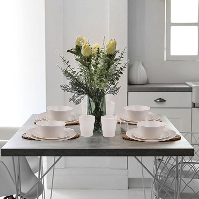 32Pcs Reusable Cream Wheat Straw Dinnerware Plates and Bowls Sets | Unbreakable dishes set for 8 includes plates, bowls, cups, and napkins. Dishwasher safe for daily or outdoor use.