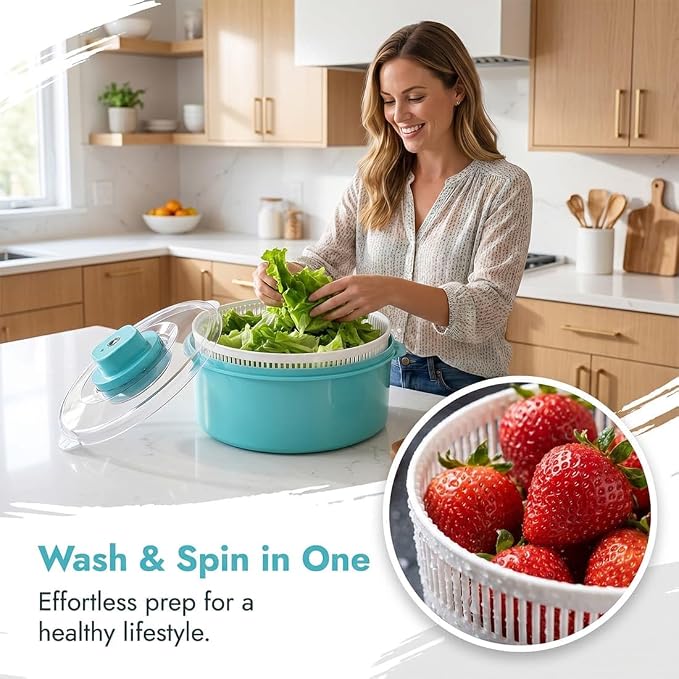 Salad Spinner and Produce Washer, Electric Fruit Cleaner Spinner，Blue-Manual | Fruit Cleaner Bowl with Non-Slip Base, Multifunctional Vegetable Dryer for Washing, Prepping Fruits & Vegetables