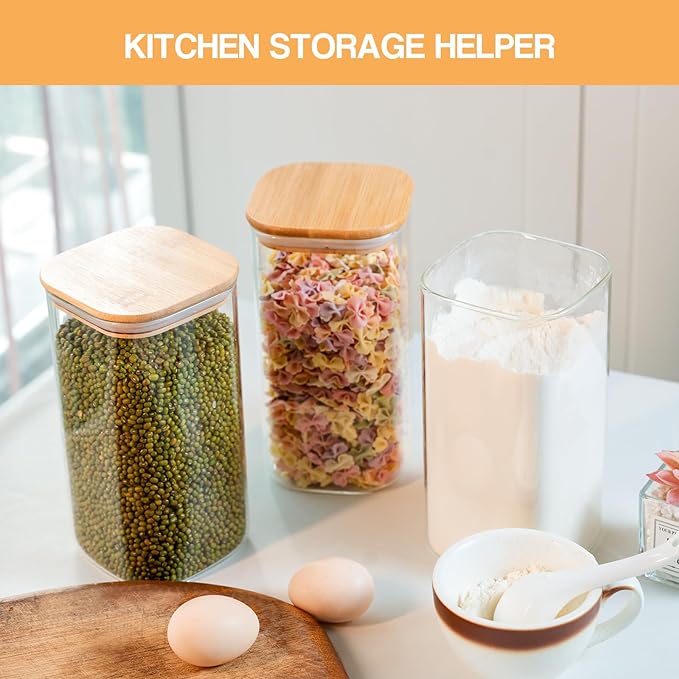 6-Pack Glass Food Storage Jars Set (3 Square + 3 Round), 37oz Airtight Clear Canisters with Bamboo Lids, Stackable Pantry Containers for Flour, Sugar, Rice, Pasta, Nuts, Candy & Spice Organization