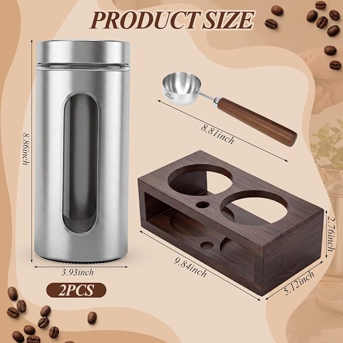 Stainless Steel Coffee Grounds Canisters Container with Shelf | 2 x 50oz, Sugar Coffee Bean Storage Container Set, Airtight Threaded Lid, Glass Window, Scoop, Kitchen Jar for Coffee Bar
