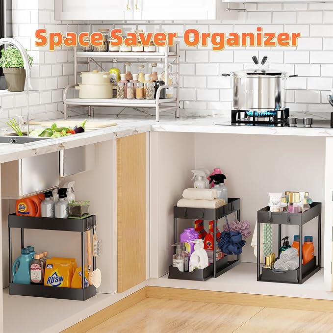 Simple Trending Under Sink Organizer 3 Pack, with Sliding Drawer, Black | 2 Tier Multi-Purpose Pull-Out Cabinet Organizer, Slide Out Storage Shelf for Kitchen Bathroom, Large Capacity, Easy Assembly