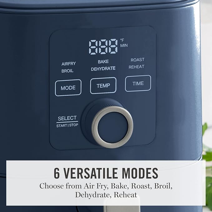 Martha Stewart 6-Quart Air Fryer, 6 Presets, Space Saving, Indigo Blue | 3lb Capacity, PFAS-Free Ceramic Nonstick Basket & Tray, Bake, Roast, Broil, Dehydrate, Reheat, Shake Reminder, Heat up to 400