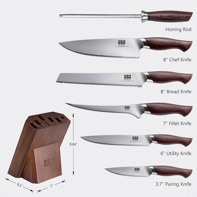 SHAN ZU 7 Pc Japanese Knife set, High Carbon 10Cr15Mov Stainless Steel | Professional Kitchen Cooking Knives, Ultra Sharp Japanese Chef Knife Set with Ergonomic Pakkawood Handle