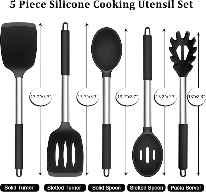 TeamFar Cooking Utensils Set, 5 PCS Silicone Kitchen Utensils, Black | Stainless Steel Handle, for Nonstick Cookware Flipping Frying Turning Draining, Heatproof & Healthy, Nonstick & Easy Clean