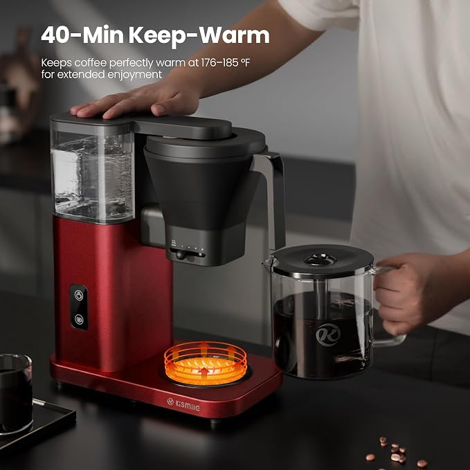 Kismile SCA-Certified 8 Cup Drip Coffee Maker, Pour Over Coffee Machine with 3s Instant Heat 197–205℉, Adjustable Flow Control, Removable Water Tank, Deep Cold Brew & 40 Min Keep Warm (Red)