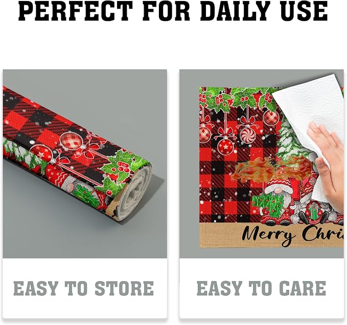 Winter Placemats Set of 4, 12 x 18 Inch Xmas Tree Gnome Truck Dining Table Mats Red Black Buffalo Plaid Rectangle Tabletop Decor for Holiday Seasonal Dining Party
