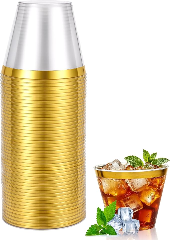20 Pcs Plastic Cups 9oz, Disposable Stemless Wine Glasses Gold Copas Clear Gold Rimmed Classic Cocktail Cup Champagne Flutes Party Cups for Birthday Valentine's Galentine's Day Wedding Christmas