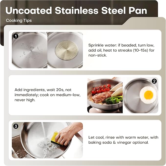 12 Inch Stainless Steel Frying Pan with Lids, Healthy Stainless Steel Skillet, Works on Induction, Ceramic and Gas Cooktops, PFOA Free Cookware, Dishwasher and Oven Safe, Stay-Cool Handle
