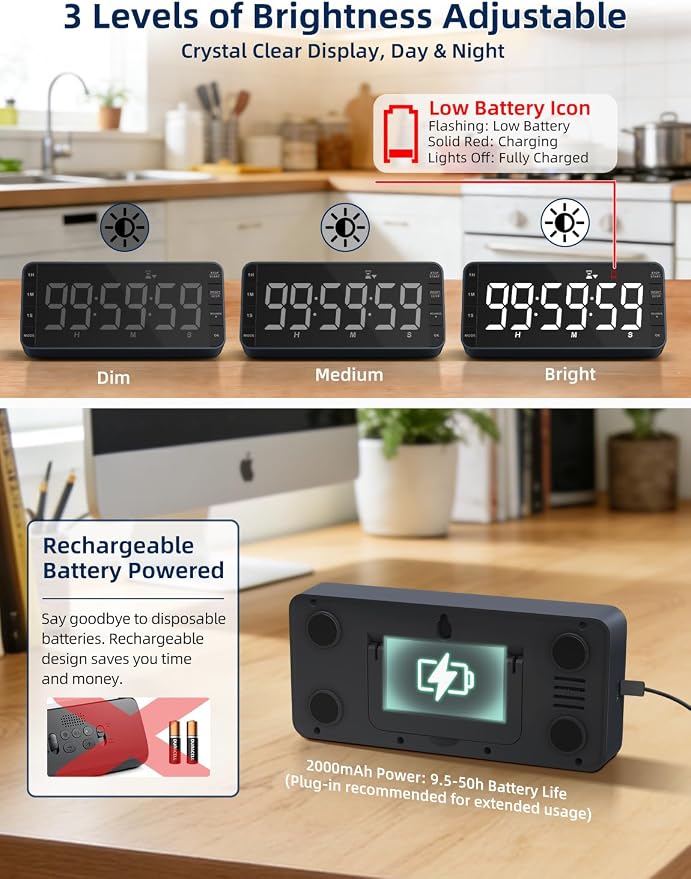 Large 7.8" Digital Timer with LED Display, Magnetic for Kitchen & Classroom | USB-C Rechargeable Timer with 99-Hour Count Up & Countdown, 3 Brightness Levels, 5 Alarm Sounds, 4 Volume Levels for Study