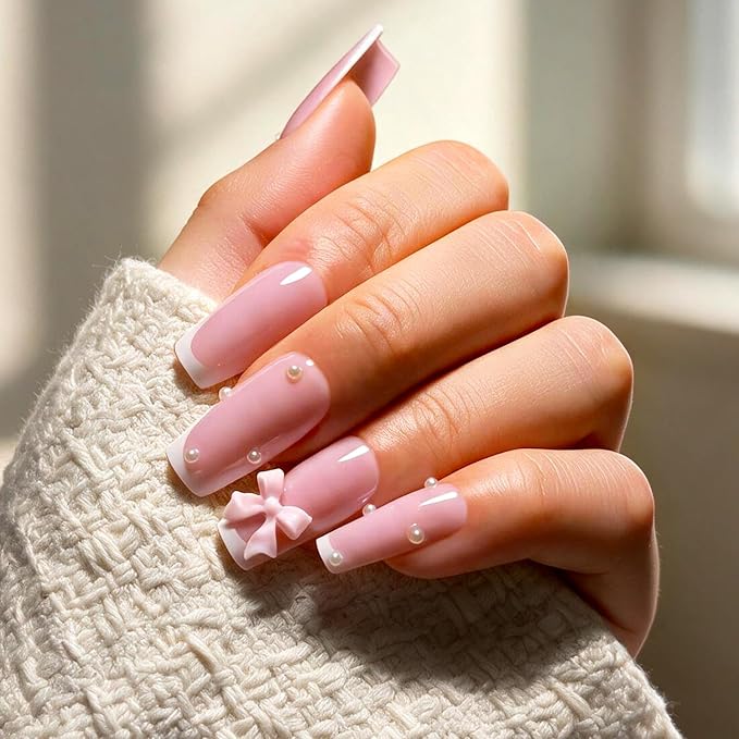Press on Nails, 6 Packs (144 Pcs) Medium Square French Sets, Pink Charms