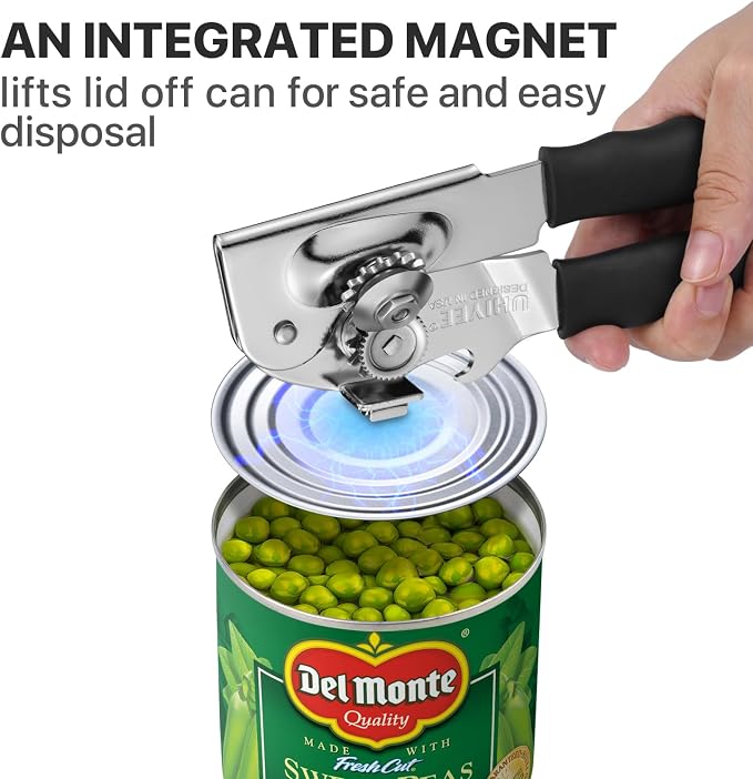 UHIYEE Heavy Duty Hand Can Opener with Comfortable Grip for Seniors, Black | Manual Can Opener, Hardened Steel Blade, Rubber-Coated Handle, Oversize Knob, Built-in Magnet & Bottle Opener