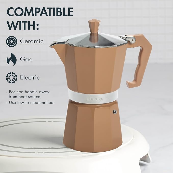 Primula Classic Moka Pot Stovetop Espresso and Coffee Maker, Italian and Cuban Cafetera for Rich Espresso Brewing, Durable Aluminum Greca Coffee Maker with Easy Grip Handle, 6-Cup, Caramel