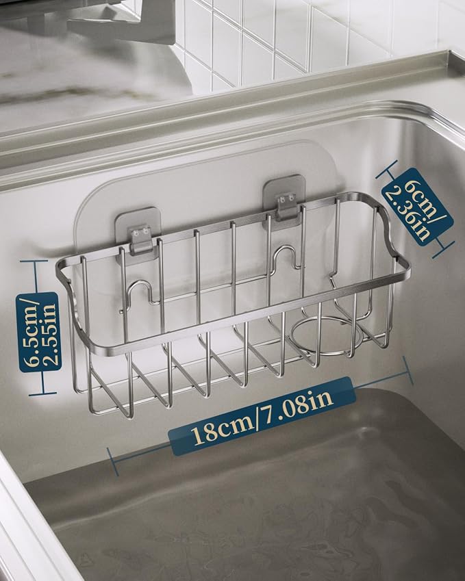 Consumest Sponge Holder Sink Caddy - Ladder Shaped Sponge Holder for Kitchen Sink with 2 Installation Ways (Suction Cups & Adhesive Hook), Rustproof Stainless Steel Kitchen Organizer, Sand Nickel