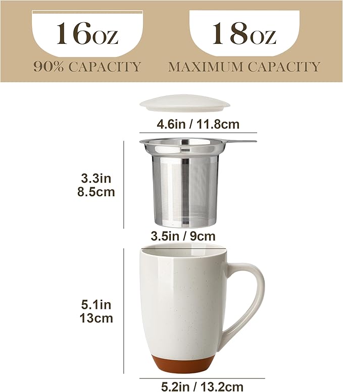 MALACASA Ceramic Tea Mug with Lid and Stainless Steel Infuser, 18 oz Large Tea Cup for Loose Leaf Tea, Heat-Resistant, Microwave & Dishwasher Safe, Speckled Glaze Coffee & Tea Brewer Mug, Khaki Gray