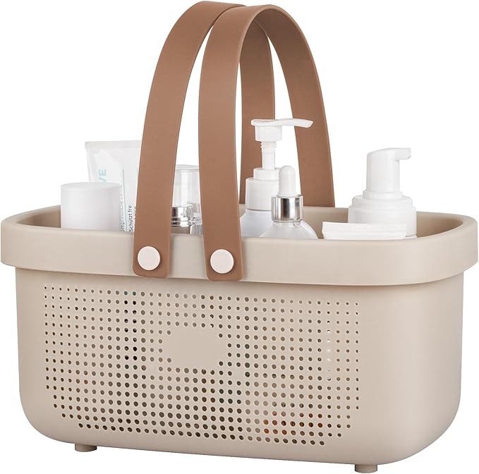 Portable Shower Caddy Basket with Handles Plastic Storage Basket Beige | Sturdy Drainage Large Capacity Organizer Basket with Silicone Handles for Bathroom Kitchen Bedroom College Dorm Essentials