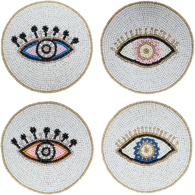 Folkulture Coasters Set of 4 | Beaded Hand-Crafted Evil Eye 2.0 Handmade Boho Drink Coasters for Coffee Table & Bar | Decorative Round Coasters for Cocktails & Wine | House Warming Gift Set