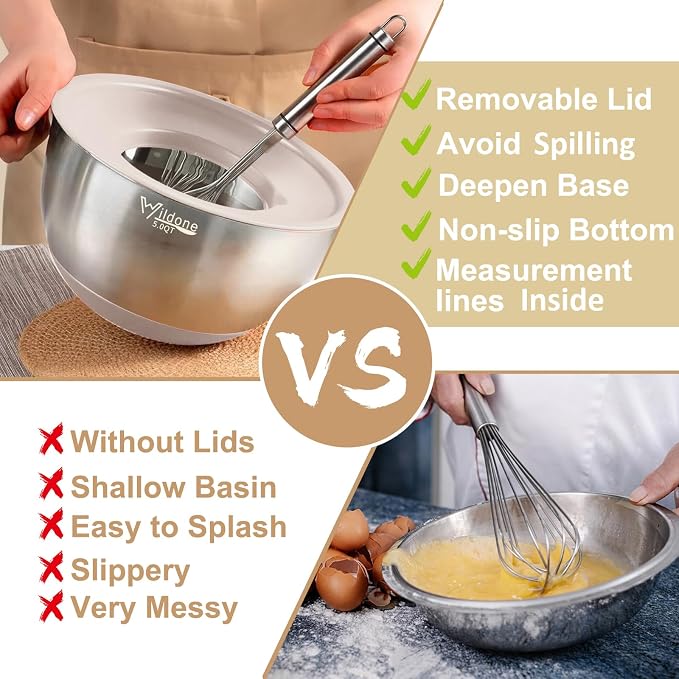 Wildone Mixing Bowls with Airtight Lids, Stainless Steel Nesting Bowls Set | Metal Bowls with 3 Grater Attachments, Non-Slip Bottom, Size 5, 4, 3, 2, 1.5, 1, 0.63QT, Include Utensil Set for Prep, Khaki