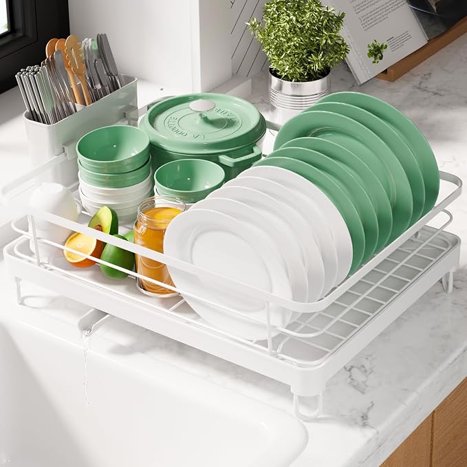 Kitsure Dish Drying Rack for Kitchen Counter, 12.7''W x 16.7''L, White | Stainless Steel Sink Organization, Cutlery Holder, Home and Appartment Decor