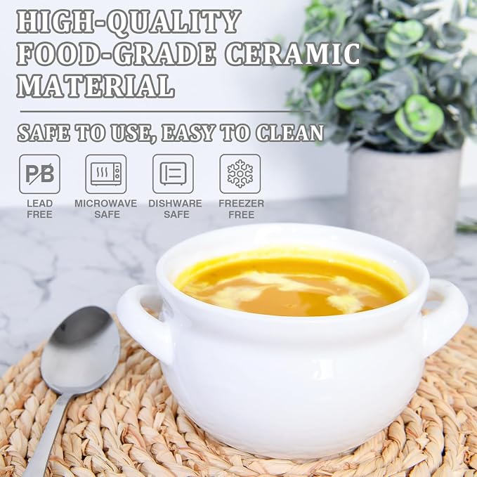 Vumdua Soup Bowls with Handles, 16 Oz Ceramic French Onion Soup Bowls - Stackable Oven Safe Bowls Serving Crocks for Soup, Cereal, Chilli, Pot Pies, Set of 4, White