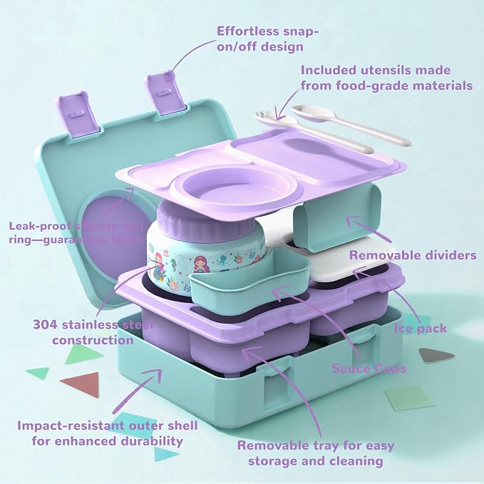 Bento Box for Kids, Leakproof Kids Lunch Box with 8.5OZ Thermo Food Jar & Lunch Bag, 3-4 Compartments Toddler Insulated Lunch Box for Girls, BPA Free Lunch Containers for School Daycare