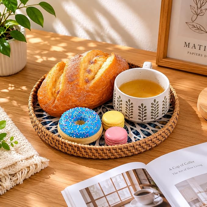 Round Rattan Serving Trays with Mother of Pearl Inlay, Set of 3, Blue | Coffee Table Trays, Decorative Wicker Trays, Bread and Fruit Display, Ottoman Tray Set, Leaf Pattern