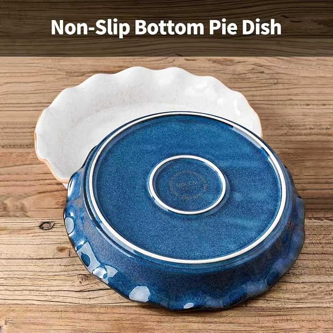 Ceramic Pie Pan for Baking[10.5 inch],Reusable NonStick Ceramic Baking Dish | Reusable NonStick Ceramic Pie Plate with Ruffled Edge,Deep and Fluted Pie Dish for Apple Pie,Quiche,Pot Pies, Tart, etc（Blue）