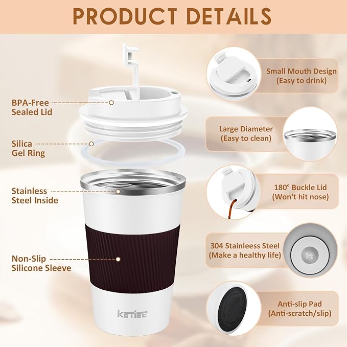 KETIEE Travel Coffee Mug 12oz: Reusable Insulated Coffee Cup with Leakproof Lid, Travel Tumbler, Vacuum Stainless Steel Coffee Mug to Go for Hot/Iced Coffee Tea Water (White)