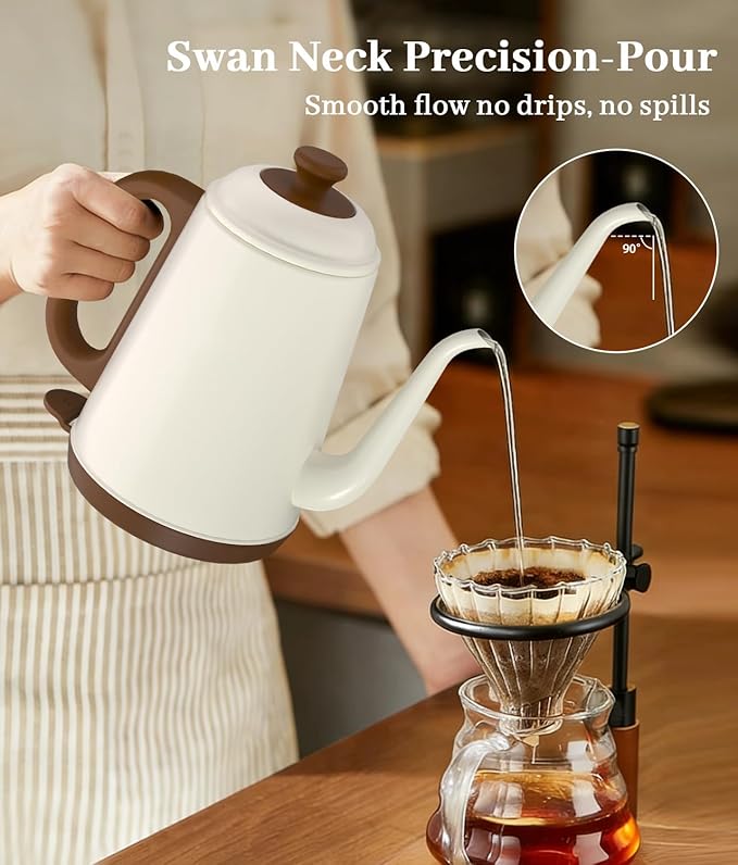 Gooseneck Electric Kettle 1L, 1000W, Pour-Over Coffee & Tea | Precise Flow Spout, 304 Stainless Steel, BPA-Free, Fast Boiling, Auto Shut-Off & Boil-Dry Protection, Retro Design (White)