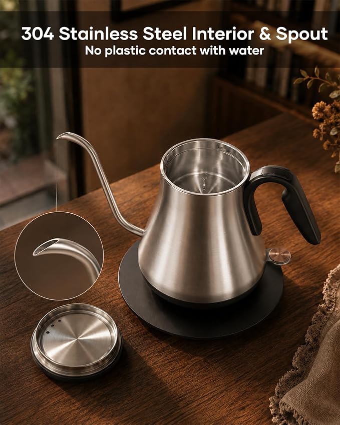 Cocinare Gooseneck Electric Kettle 0.8L, Fast Boil Pour Over Coffee, Tea | 1440W Fast Boil, 304 Stainless Steel Interior, Gooseneck Precision Spout, Auto Shut-Off & Boil-Dry Protection, Loos Silver