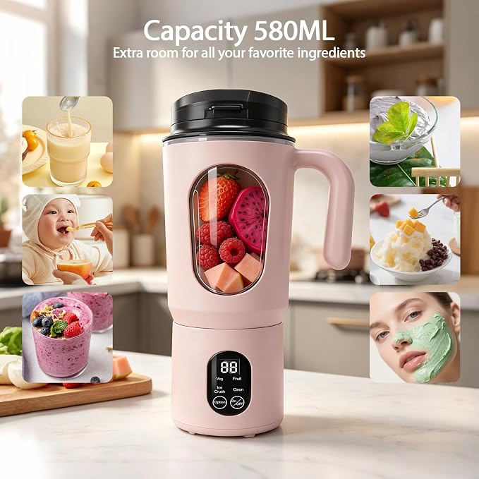Personal Blender for Smoothies, 580ML USB-C Rechargeable | Portable Blender Cup, 12-Blade Smoothie Maker with Travel Lid, Handle & LED Display for Gym, Office, Travel and Outdoor