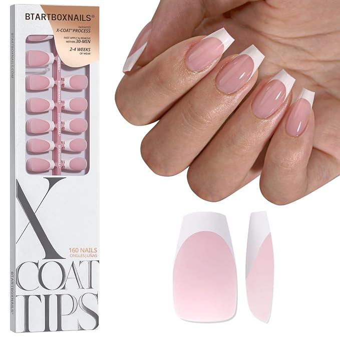 BTArtboxnails XCOATTIPS White French Tip Press On Nails, Short Coffin, Pink | Lamp-Curable, 4-Week Wear, Salon Quality Value at Home, Natural Nail Look, Easy-to-Apply for Beginners, 160Ct Nail Tips Only