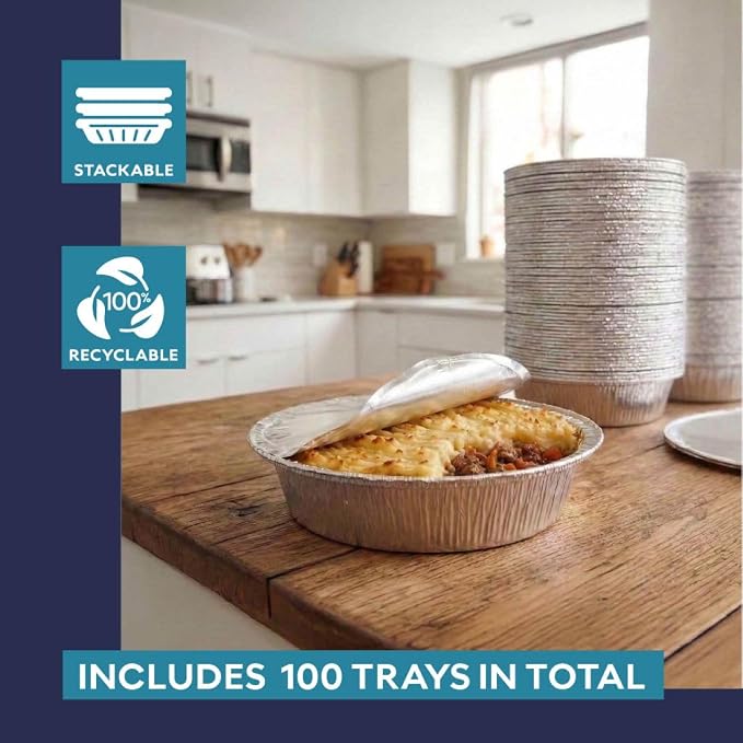 The Name 7" Round 100 Pack Aluminum Foil Pans Disposable Pie Tins, Mini Pans, Tart Baking Trays, Oven/Freezer Safe, Perfect for Apple Pie, Pumpkin Pie, Quiche, Pot Pie, Cobbler, Catering/Food Service