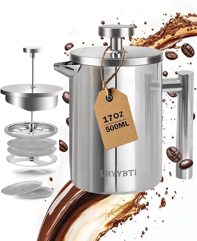 French Press Coffee Maker, Stainless Steel, Silver, 17 OZ | with scale lines，2 Extra Filters