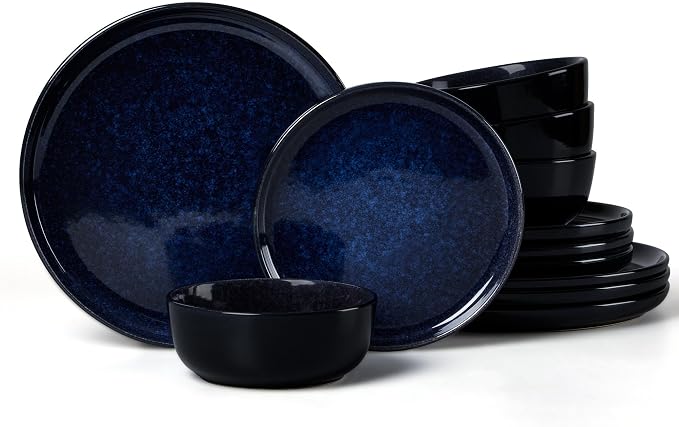 LIANYU Ceramic Plates and Bowls for 4, 12 Piece Dishes Sets, Midnight Blue | Modern Porcelain Dinnerware Set, Chip and Scratch Resistant Dishware Set, Dishwasher & Microwave Safe Stoneware Set