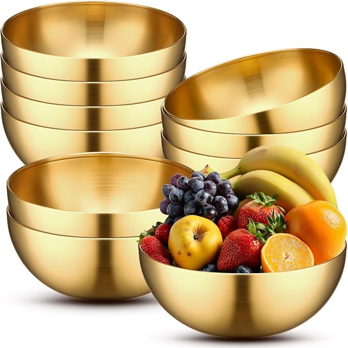 Nuogo 10 Pcs 9.8 Inch Gold Bowls Stainless Steel Esthetician Facial Bowls | Multi-use for Spa Facials Baking Serving, Christmas Wedding Decor, Professional Mixing Prep, Salad Fruit Candy Display Bowls