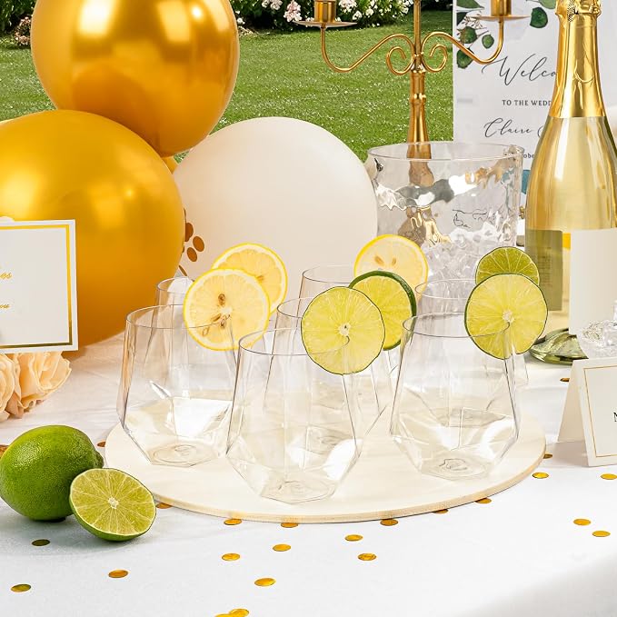 Goodluck 40 PCS 12oz Diamond Stemless Clear Plastic Wine Whiskey Glasses | Disposable Cocktail Glasses, Suitable for Weddings, Birthday Parties, Family Gatherings, Bars, etc