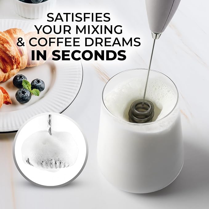 Zulay Kitchen Powerful Milk Frother Wand With Duracell Batteries - Ultra Fast Handheld Drink Mixer - Electric Whisk Foam Maker for Coffee, Lattes, Cappuccino & Matcha - Triple Whisk - Pewter Gray