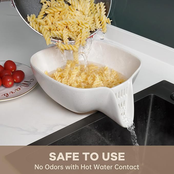 NiHome Ceramic Food Strainer with Integrated Drain Spout, Large Capacity Colander for Vegetables, Fruits, Pasta & More, Heat-Resistant, Crack-Proof, Easy to Clean, Dishwasher-Safe (Speckled White)