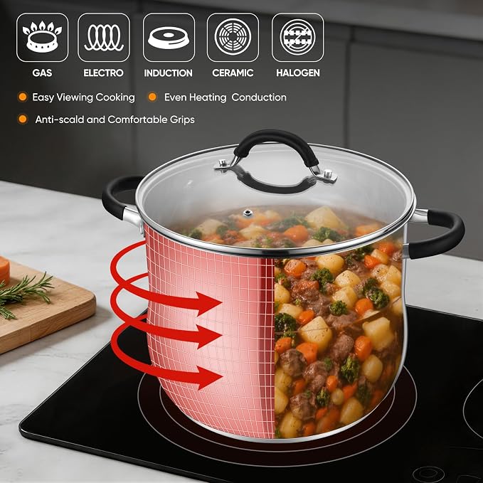 P&P CHEF 10 Quart Stainless Steel Stock Pot, Cooking Pot with Visible Lid | For Soup Pasta, Tri-Ply Bottom & Dual Heatproof Handles, For Induction Gas All Stoves, Non-Toxic & Dishwasher Safe