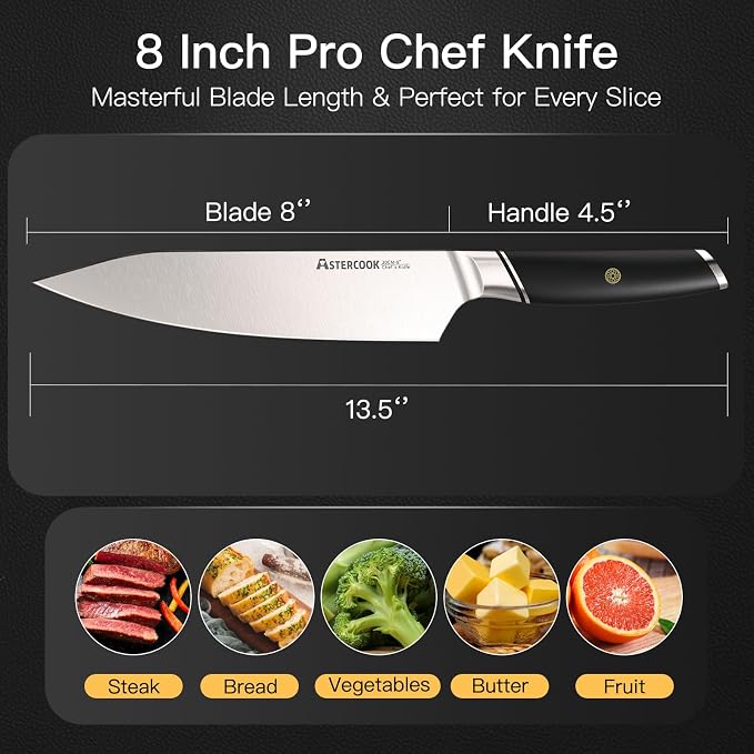 Astercook 8 Inch Professional Kitchen Chef Knife | German High Carbon Stainless Steel, Ultra Sharp, Ergonomic ABS Handle, Gift Box Included, mothers day gifts for wife