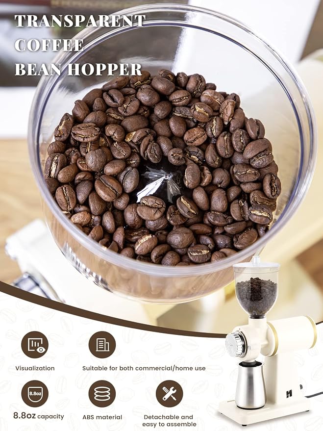 Huanyu 60mm Flat Burr Coffee Grinder, Retro Cream White for Home Cafe | Stainless steel burr, 8 precision grind settings, 250g hopper, magnetic anti-splash outlet, sifting cup, for home cafe, 200w