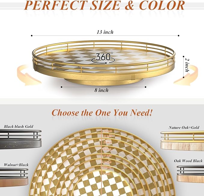 AMH 13-Inch Gold and White Checkerboard Lazy Susan with Rubberwood Base | Smooth rotating oak tray with walnut finish for dining tables, kitchen counters, pantries and cabinet storage.