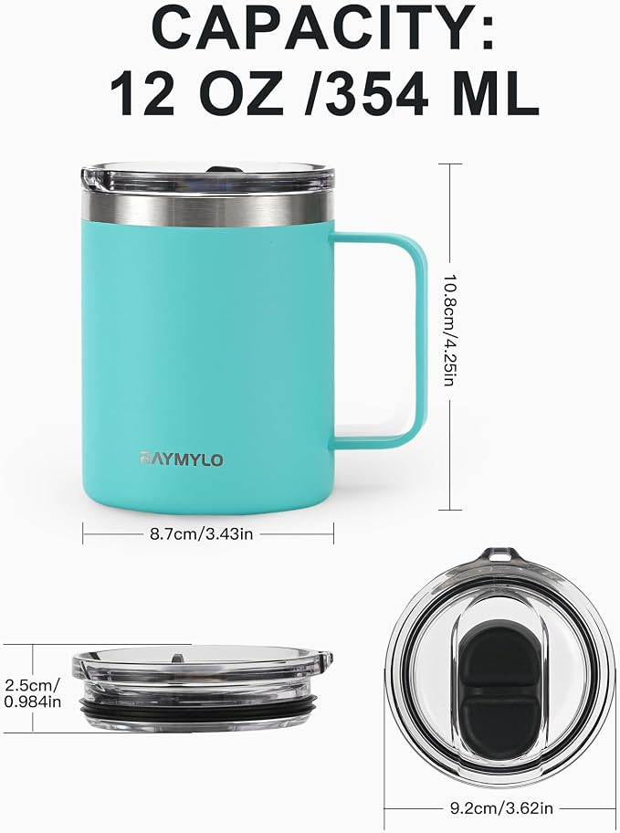 RAYMYLO Insulated Travel Coffee Mug with Handle, Coffee Tumbler Cup 12oz | Detachable Lid for Thoroughly Clean, Thermal Cup with Double-Wall Stainless Steel Vacuum Insulation, Spill Proof & BPA Free