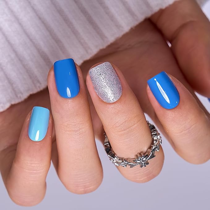 CurvLife Short Square Press On Nails, Ocean Blue, Soft Gel | 32PCS, 16 Sizes, Salon-Quality Natural Fake Nails, Curved Fit, 7-14 Day Glue-On Wear, Reusable Stick-On Nails, Press-On Kit