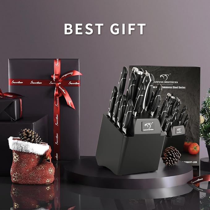 18 Pieces Damascus Kitchen Knife Set, 8 Piece Steak Knives, Non-slip ABS Ergonomic Triple Rivet Handle for Meat Fork, Knife Sharpener and Shears, 17 Slots Wooden Knife Block