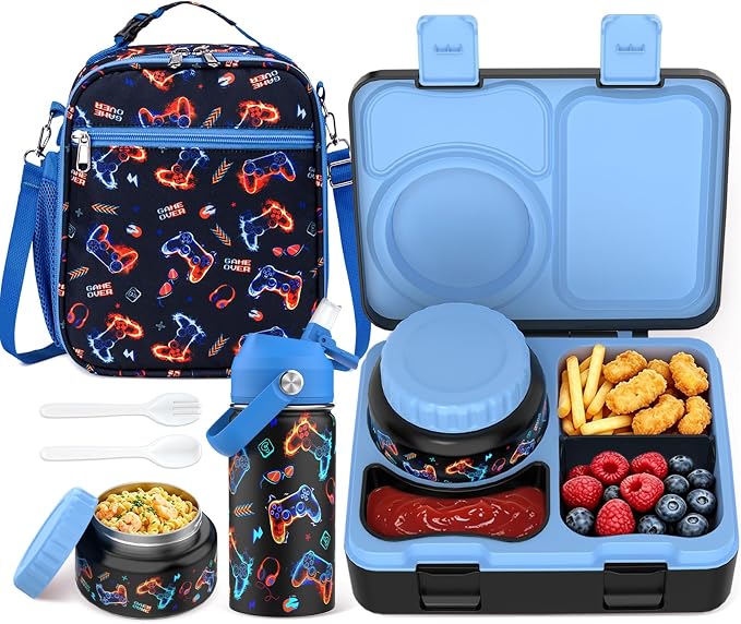 Bento Lunch Box for Kids Adult, Leakproof 3-4 Compartment Bento Box Set with Insulated Food Jar,Water Bottle, Lunch Bag, School Lunch Container for Toddler Teen Girls Boys Ages 3+(Game)